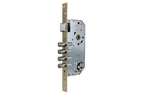 Tesa Assa Abloy Cerradura de seguridad monopunto R200B de 4 bulones de cierre y picaporte, sin cilindro, entrada de 50mm, escudo E700L, acabado hierro latonado