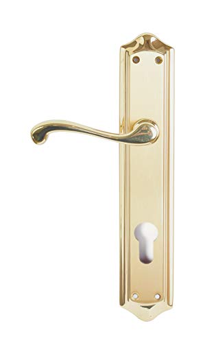 Manivela izquierda de latón fabricado en España. Color dorado mate y brillo. Barnizado semi-brillo. Medida placa: 275x52 mm.