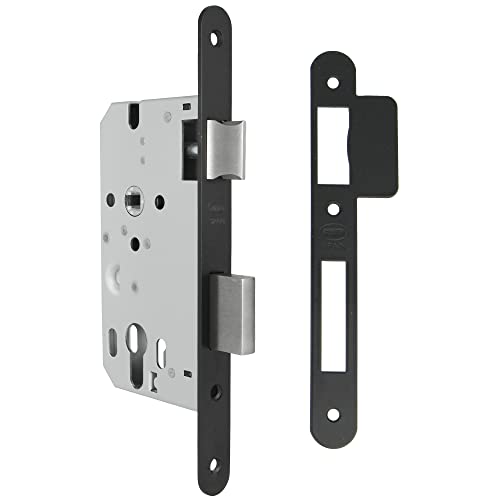 Amig - Cerradura de Embutir para Puertas de Madera | Con Paletón de Cierre | Frente y Soporte en Canto Redondo | Entrada de 50 mm | Picaporte reversible | Acero | Negro Mate | 230 mm