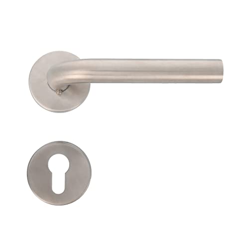 Amig - Juego de Manillas con Roseta para Puertas, Mod. 4RBX, 135 x 19 mm, Cuadradillo de 8 mm, Diseño Elegante y Sencillo, Acero inoxidable Plateado Mate
