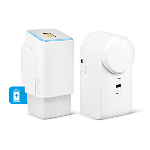 EKEY UNO 200004 Lector de huellas con batería recargable y eqiva BLUETOOTH® Smart Accionamiento de cerradura, Set de reequipamiento con batería recargable para todas las puertas usuales, blanco