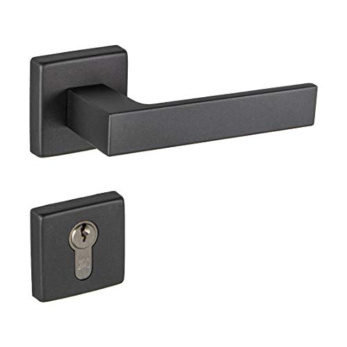 Juva Manillas Puerta Cerradura Cilindro - Manilla de Puerta PUSH - Puerta Oficina, Cocina, Interior y Exterior - Placa de Cerradura - Puerta 35 a 47 mm - Aluminio Antracita