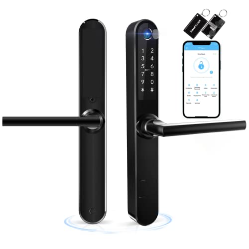 Ruveno Cerradura de puerta inteligente delgada con huella dactilar Bluetooth con pantalla táctil, teclado con huella dactilar Llaves de tarjeta de desbloqueo para puerta batiente de aluminio(negro)