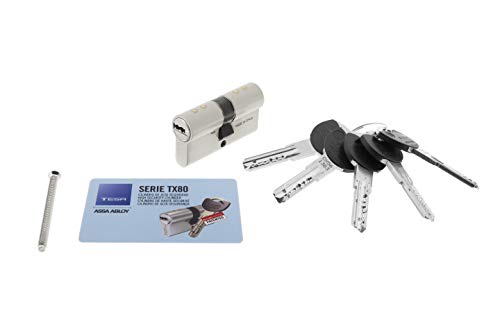 Tesa Assa Abloy, TX853535N, Cilindro de Alta Seguridad, TX80, Doble Embrague, Leva Larga, Llave - Llave, Niquelado, 35 x 35 mm