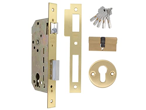 Amig - Cerradura de Embutir Mod.340 con Cilindro de Seguridad y Bocallave + 5 Llaves | Para Puertas de Madera de Entrada | De Latón y Acero | Picaporte Reversible | Para Manillas de 8 mm