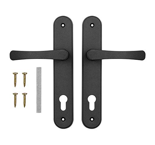 ADGO Juego de Manijas de Puerta para Una Incrustación de 90 mm Bizcocho, Mango de Aluminio, Escudo de Acero Galvanizado con Recubrimiento en Polvo, Izquierda y Derecha, Tornillos de Montaje, Negro