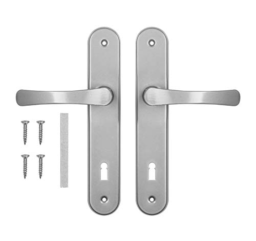 ADGO Tirador de Puerta Juego de Tiradores para Puerta para Cerradura 72 mm Bizcocho, Tirador de Aluminio, Escudo de Acero Recubierto en Polvo Galvanizado, Tornillos de Montaje, Plata