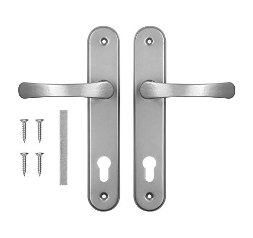 ADGO Juego de Manijas de Puerta para Una Incrustación de 72 mm Bizcocho, Mango de Aluminio, Escudo de Acero Galvanizado con Recubrimiento en Polvo, Izquierda y Derecha, Tornillos de Montaje, Plata