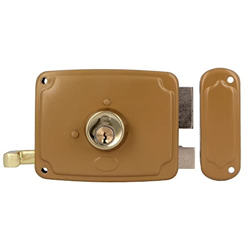 Amig - Cerradura de Sobreponer de Derecha con Palanca de Cierre, Lengüeta y Tirador para Puertas de Madera Mod. 72U | 120 x 95 mm | Pestillo Con Cilindro Redondo | Acero Dorado