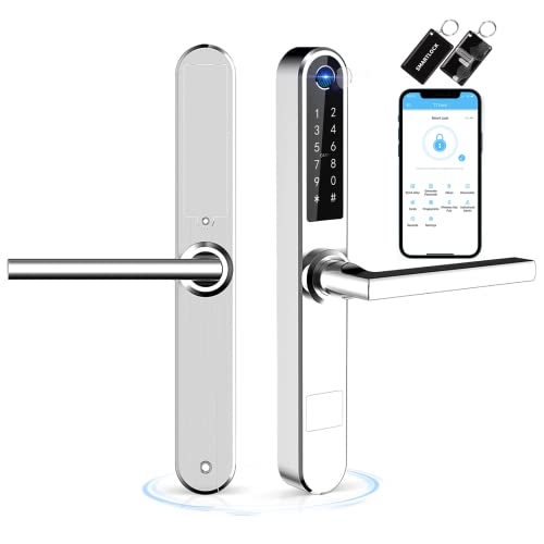 Ruveno Cerradura de puerta inteligente delgada con huella dactilar Bluetooth con pantalla táctil, teclado con huella dactilar Llaves de tarjeta de desbloqueo para puerta batiente de aluminio(plata)