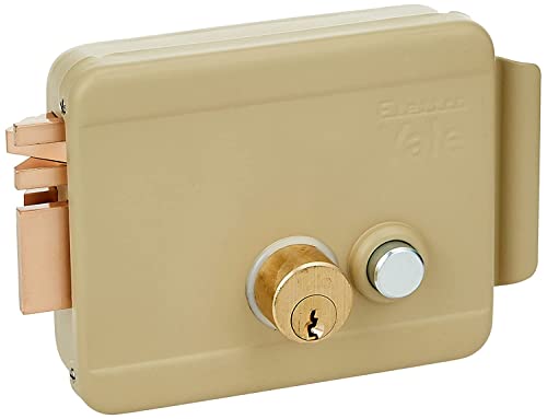 Cerradura eléctrica de sobreponer para puertas Art. 688 con pestillo azionabile retraído externo mediante llave, desde interior mediante botón, a distancia mediante impulso eléctrico de bajo voltaje (10 W-12 V). Acabado Acero Barnizado. controbocchetta incl