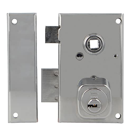 Amig - Cerradura de Sobreponer de Izquierda con Palanca de Cierre, Lengüeta y Cuadradillo para Puertas de Madera Mod. 75N 67 x 112 mm Cilindro Redondo de Seguridad Acero Plateado
