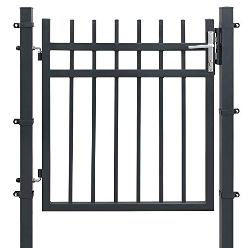SONGMICS Puerta de Jardín de Acero Galvanizado, Puerta para Valla, con Cerradura, Manija y Llave, 106 x 145 cm (Largo x Alto), Gris GGD350G