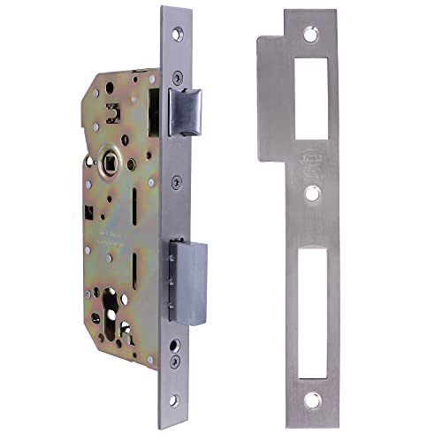 Amig - Cerradura de Embutir para Puertas de Madera | Con Paletón de Cierre | Frente y Soporte en Canto Cuadrado | Entrada de 50 mm | Picaporte reversible | Acero inoxidable | Plateado Mate | 240 mm