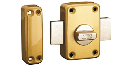 Tesa Assa Abloy, 2110TE4E, Cerrojo de seguridad con llave exterior y boton interior, Latonado