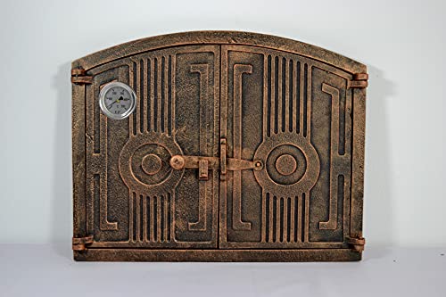 Euro Sezam - puerta de horno semicircular de hierro fundido - puerta de horno maciza y gruesa - puerta de horno de pizza con termómetro de 500c - AA001 - puerta doble con cerradura de puerta - 48x38