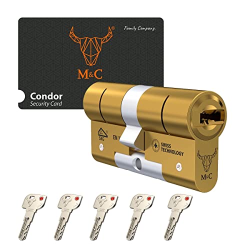 M&C Condor Bombín Cerradura Alta Seguridad Larga Doble Embrague 32x32mm Certificación Seguridad Máxima SKG 3 Estrellas Anti Bumping Resistente Taladro Tecnología Suiza Color Dorado 5 Llaves Incluidas