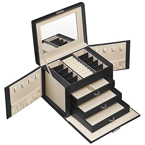 SONGMICS Caja Joyero de 4 Niveles, Caja para Joyas con Asa, 3 Cajones, Espejo Grande, Cerradura, para Viajar, Almacenamiento de Joyas, Estilo Moderno, Regalo para Seres Queridos, Negro JBC159B01