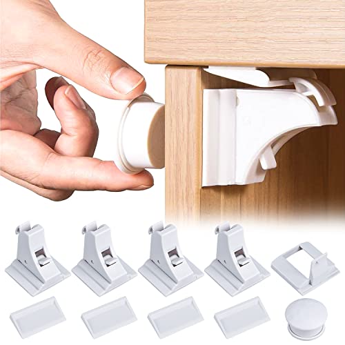 Seguro para cajones para bebés, cierre magnético para niños, armario de seguridad para bebés, 4 cerraduras y 1 llave, autoadhesivo, fusible invisible para armarios y cajones