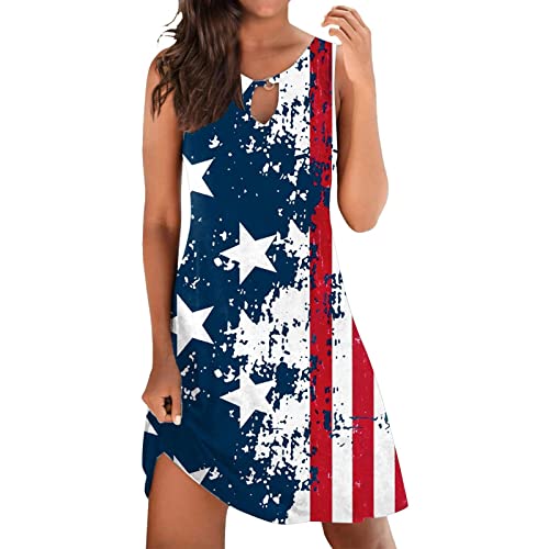 MILONT Vestido sin Mangas para Mujer Sin Mangas Ojo de Cerradura Hueco Cuello Redondo 4 de Julio Bandera Estadounidense Estampado Mujeres Punto Mangas Rayas de Estrellas de EE. UU. N27.0-Armada