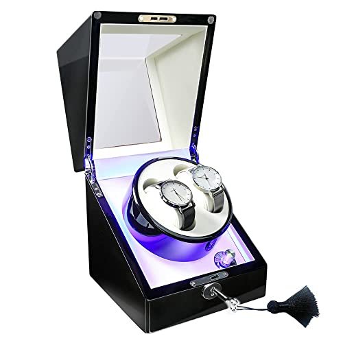 FIMAGO Caja de reloj automática con 2 cajas de reloj dobles con cerradura LED Caja de reloj hecha a mano de madera 4 modos Función de temporizador rotativo, Negro