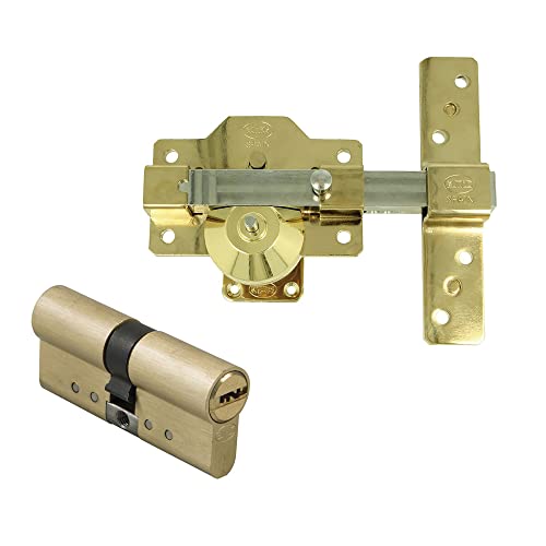 Amig Pack de Seguridad Cerrojo de Acero y Cilindro de Latón Igualado para Puertas de Madera, Mod. 1PLUS, 70 mm (35-35), Aumenta la Seguridad de tu Hogar, Acero Dorado