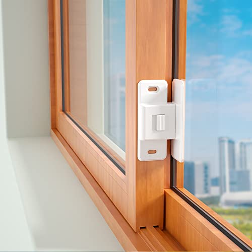 SAFELON 4 Piezas de cerraduras de ventana corredizas a prueba de niños, cerraduras de ventana de diseño de bloqueo automático bidireccional para niños pequeños (Blanco)