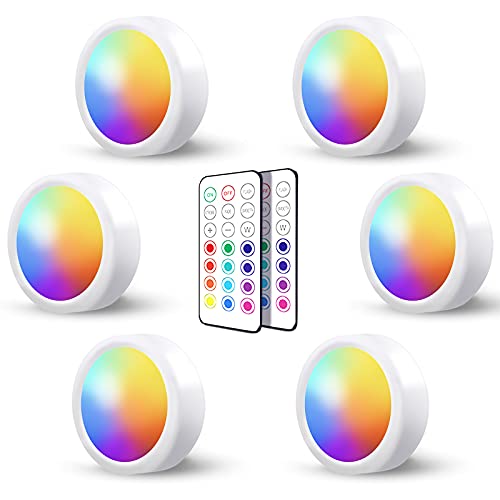 Luces Led Armario a Pilas Inalambrica,Regulable RGB Luz Vitrina LED con Mando a Distancia y Pulsador LED Cocina Bajo Mueble Sin Cable Foco LED Bateria Interior Lámpara Escalera Adhesiva Luz Nocturna