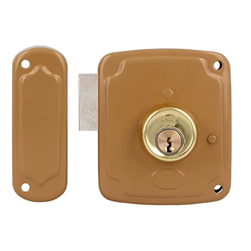 Amig - Cerradura de Sobreponer de Izquierda con Palanca de Cierre y Lengüeta para Puertas de Madera Mod. 72PU 120 x 95 mm Pestillo con Cilindro Redondo Acero Dorado