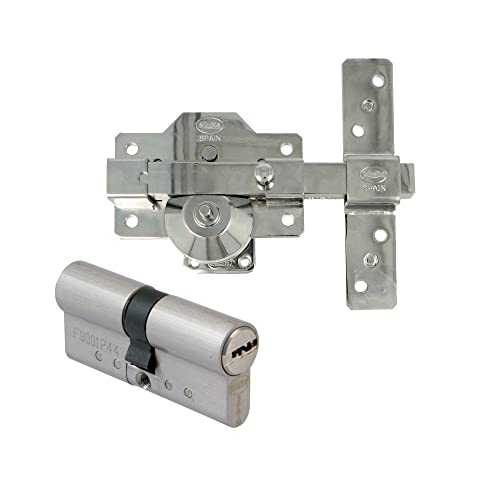 Amig - Pack de Seguridad Cerrojo de Acero y Cilindro de Latón Igualado para Puertas de Madera, Mod. 1PLUS, 70 mm (35-35), Aumenta la Seguridad de tu Hogar, Acero Plateado
