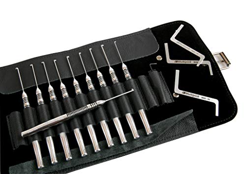 Multipick Elite G-PRO Juego de ganzúas profesional para cerraduras multipuntos, con 13 puntas intercambiables en un estuche enrollable de cuero auténtico