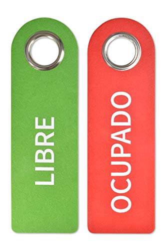 SynMe 2 colgadores para Puertas Libre Ocupado de Fieltro 27x8,5cm Anillo Protector de Metal (3,5cm de diámetro) – Parte Delantera „Libre“, Parte Trasera „Ocupado“ – baño – Dormitorio - Uso versátil