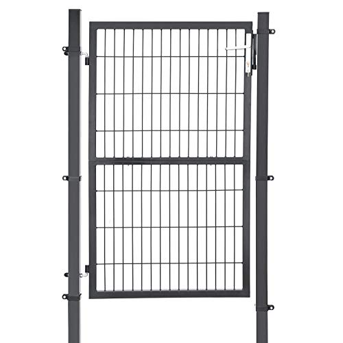 SONGMICS Puerta de Jardín de Hierro Galvanizado, Puerta para Valla, Robusta y Duradera, con Cerradura, Manija y Llave, 106 x 150 cm (Longitud x Altura), Gris GGD200GY