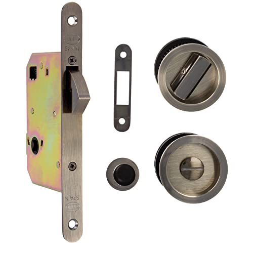 Amig - Cerradura de Embutir Mod.611 con Muletilla y Tirador para Puertas Correderas de Madera de Espesor 35-40 mm | Entrada: 50 mm | De Acero con Acabado en Cuero