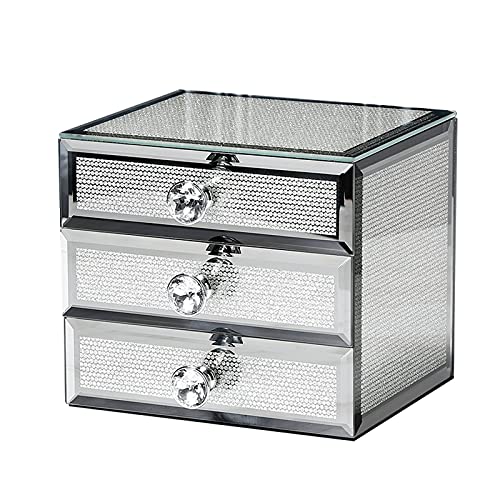 Cajas de Joyería Decorativas Caja Organizador de joyería de vidrio con 3 cajón Diamond Manden Llory Mostrar Case Contenedores de artesanía para gemelos, anillos, colgantes, organización de cadena Caja