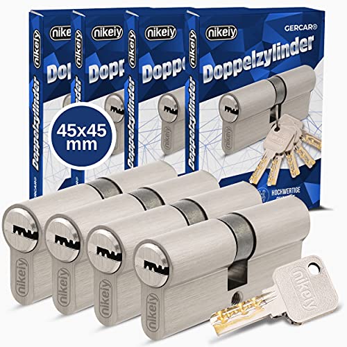 GERCAR Pro Juego de 4 cerraduras cilíndricas de latón niquelado mate 45/45-4x cilindro de cerradura/cerradura de barril 90 mm para puerta - con 10 llaves - Longitud: 90 mm, A: 45 B: 45