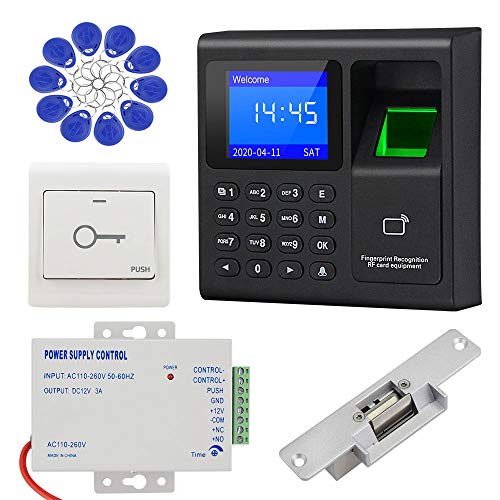 KDL Sistema completo de control de acceso RFID Teclado controlador de huellas dactilares, fuente de alimentación DC12V / 3A, cerradura eléctrica tipo NO con interruptor de puerta, llaveros de 125KHz
